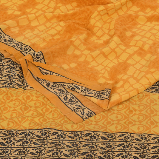 Sanskriti Vintage Sarees Yellow Pure Crepe Silk Printed Sari 5+yd Craft Fabric