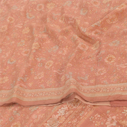 Sanskriti Vintage Sarees Peach Pure Crepe Silk Printed Sari 5+yd Craft Fabric