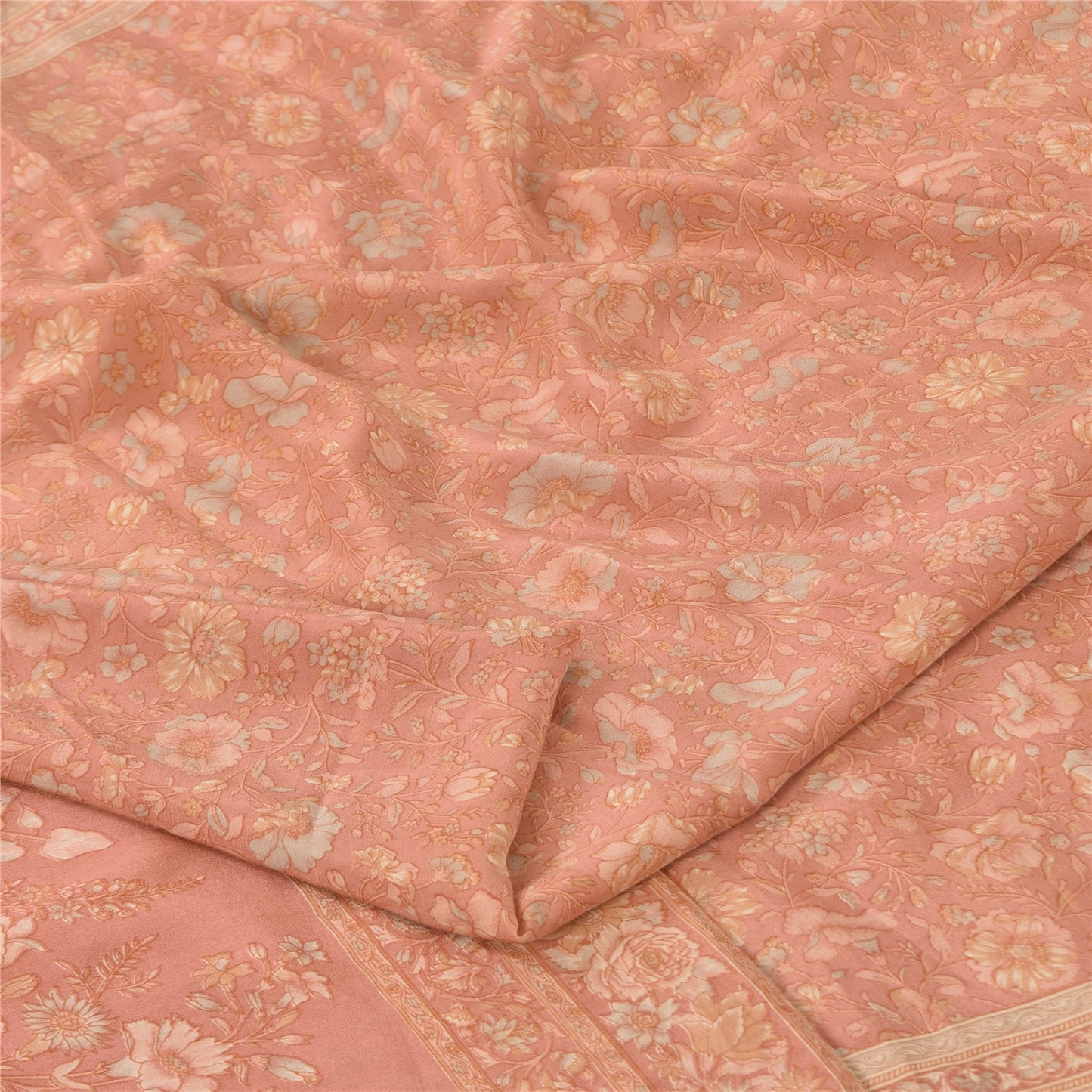 Sanskriti Vintage Sarees Peach Pure Crepe Silk Printed Sari 5+yd Craft Fabric