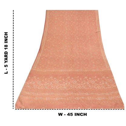 Sanskriti Vintage Sarees Peach Pure Crepe Silk Printed Sari 5+yd Craft Fabric