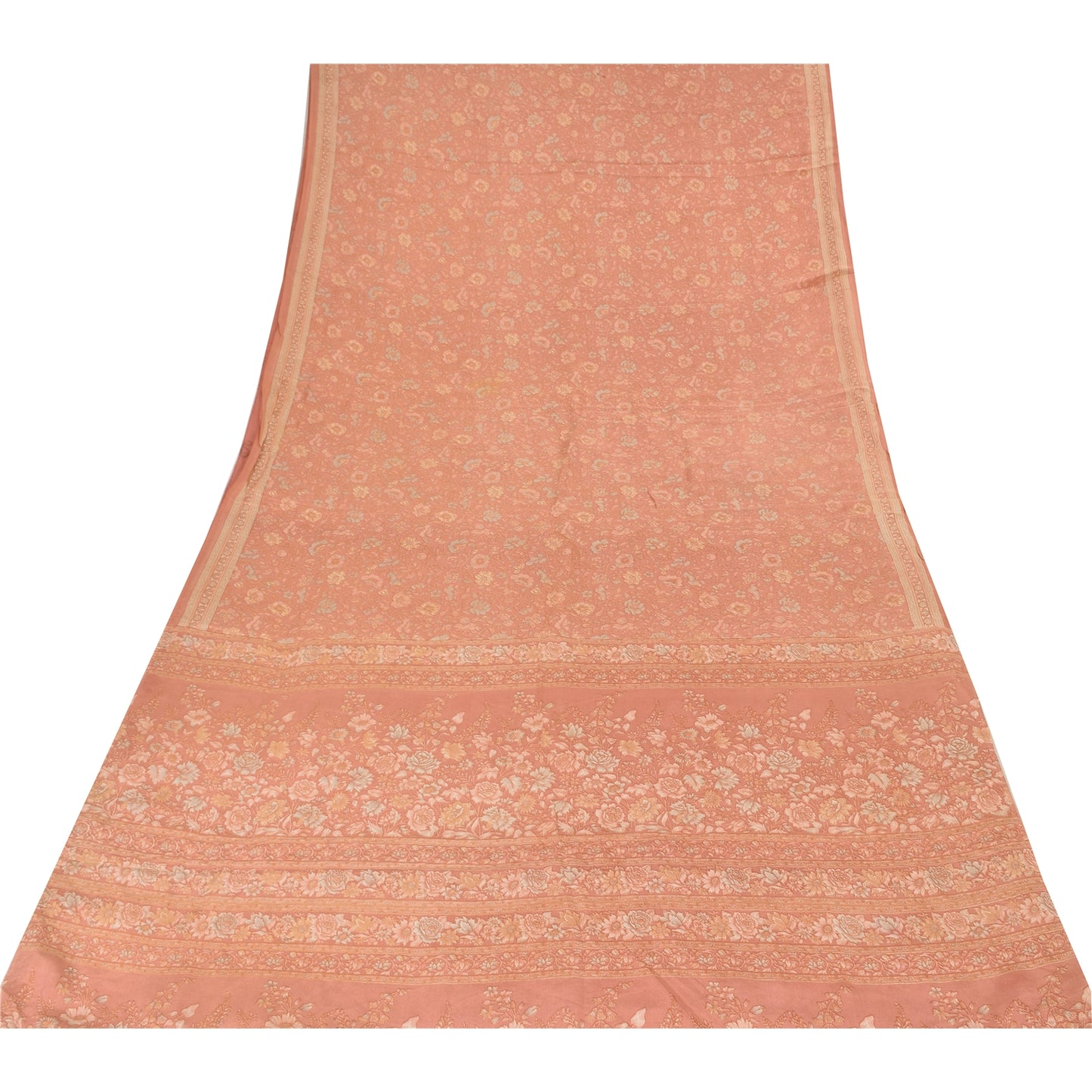 Sanskriti Vintage Sarees Peach Pure Crepe Silk Printed Sari 5+yd Craft Fabric