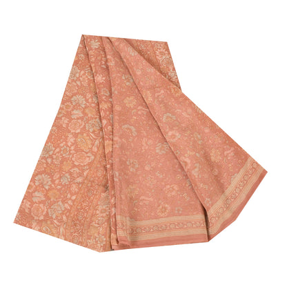 Sanskriti Vintage Sarees Peach Pure Crepe Silk Printed Sari 5+yd Craft Fabric