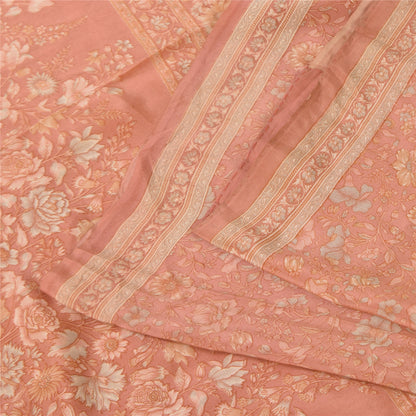 Sanskriti Vintage Sarees Peach Pure Crepe Silk Printed Sari 5+yd Craft Fabric