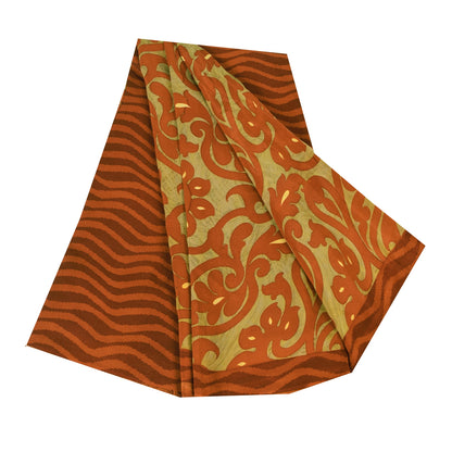 Sanskriti Vintage Sarees Green/Orange Pure Crepe Printed Sari 5+yd Craft Fabric