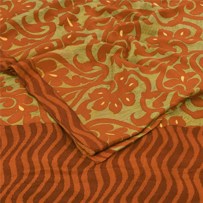 Sanskriti Vintage Sarees Green/Orange Pure Crepe Printed Sari 5+yd Craft Fabric