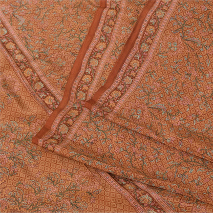 Sanskriti Vintage Sarees Rusty Orange Pure Crepe Printed Sari 5+yd Craft Fabric