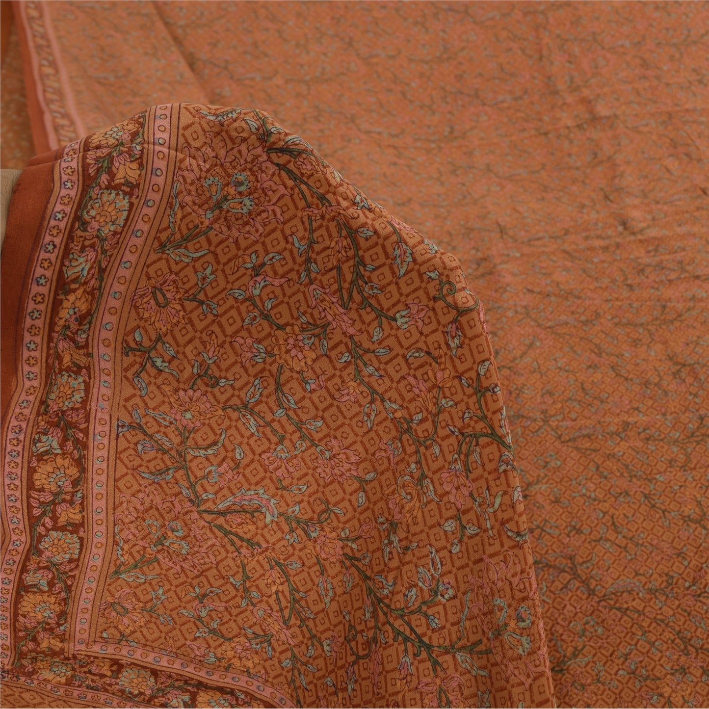 Sanskriti Vintage Sarees Rusty Orange Pure Crepe Printed Sari 5+yd Craft Fabric