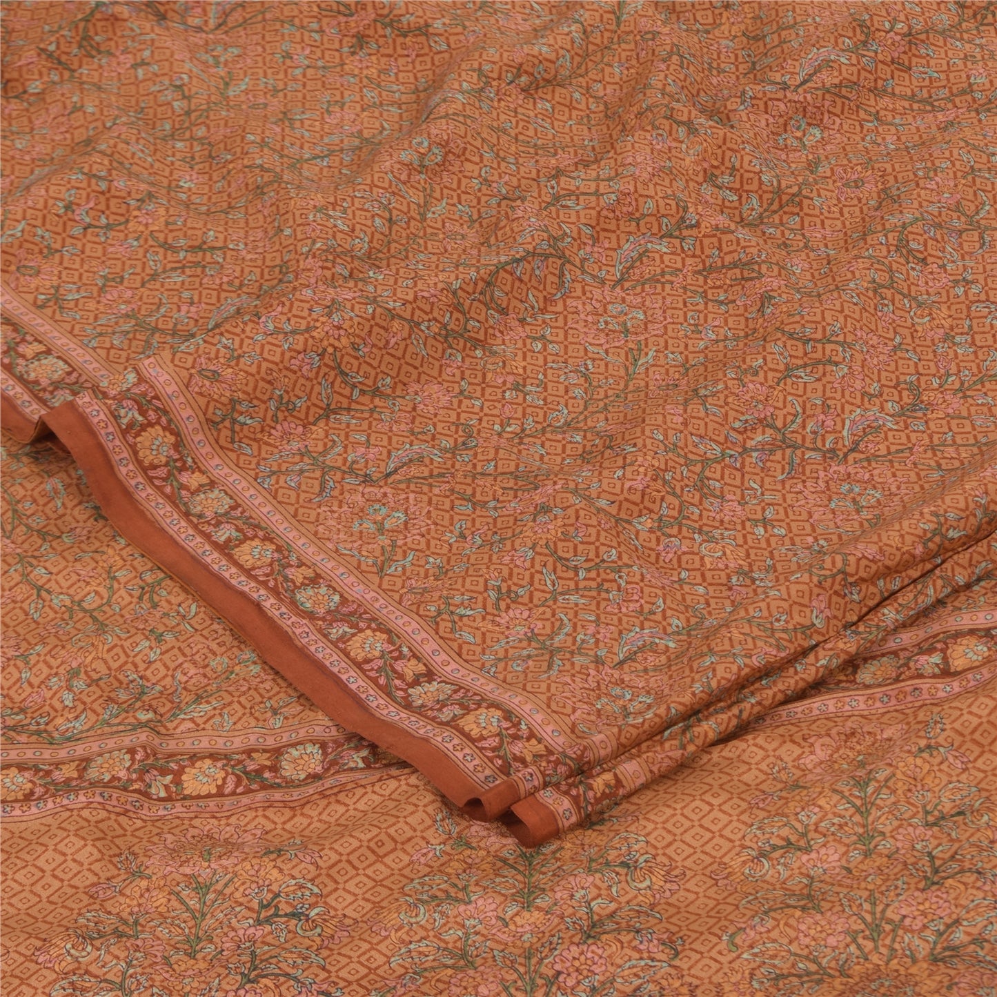 Sanskriti Vintage Sarees Rusty Orange Pure Crepe Printed Sari 5+yd Craft Fabric