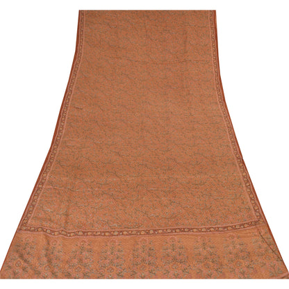 Sanskriti Vintage Sarees Rusty Orange Pure Crepe Printed Sari 5+yd Craft Fabric