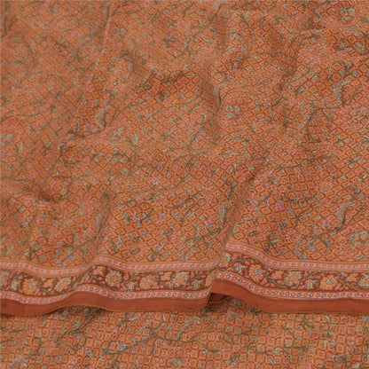 Sanskriti Vintage Sarees Rusty Orange Pure Crepe Printed Sari 5+yd Craft Fabric