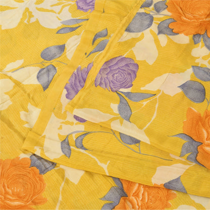 Sanskriti Vintage Sarees Yellow Pure Crepe Silk Printed Sari 5+yd Craft Fabric