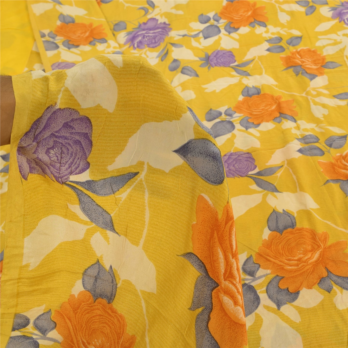 Sanskriti Vintage Sarees Yellow Pure Crepe Silk Printed Sari 5+yd Craft Fabric