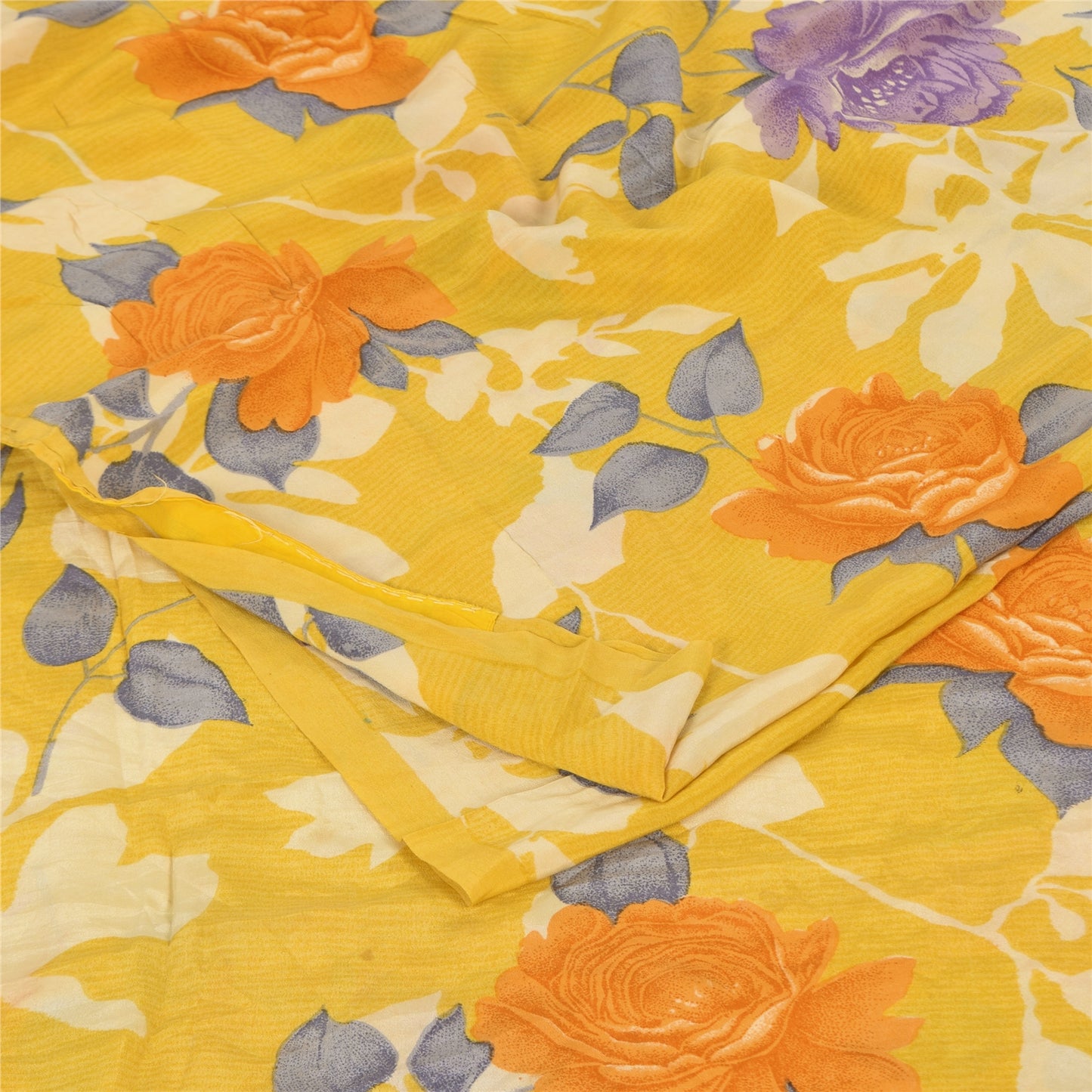 Sanskriti Vintage Sarees Yellow Pure Crepe Silk Printed Sari 5+yd Craft Fabric