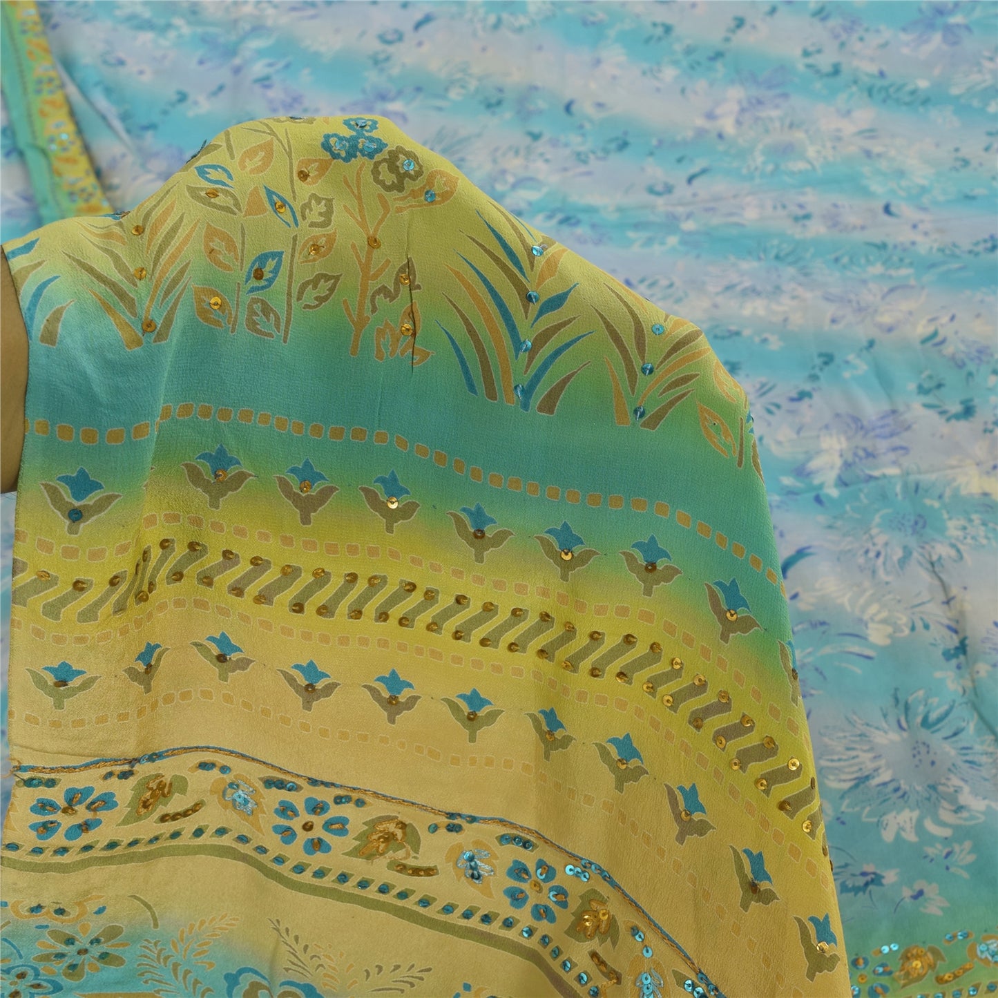 Sanskriti Vintage Sarees Blue/Lemon Pure Crepe Silk Print Sari 5+yd Craft Fabric