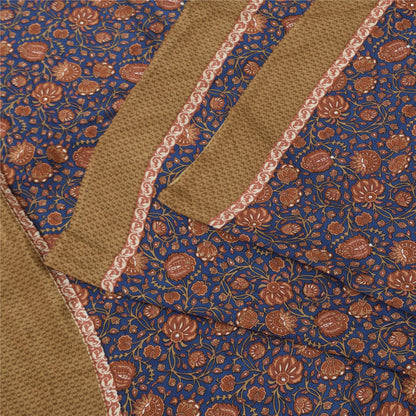 Sanskriti Vintage Sarees Blue Pure Crepe Silk Printed Sari 5+yd Craft Fabric