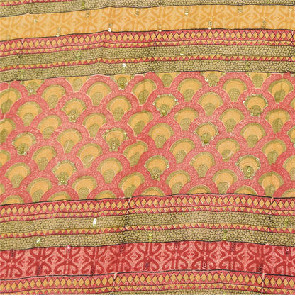 Sanskriti Vintage Sarees Peach Hand Beads Print Pure Crepe Silk Sari 5+yd Fabric