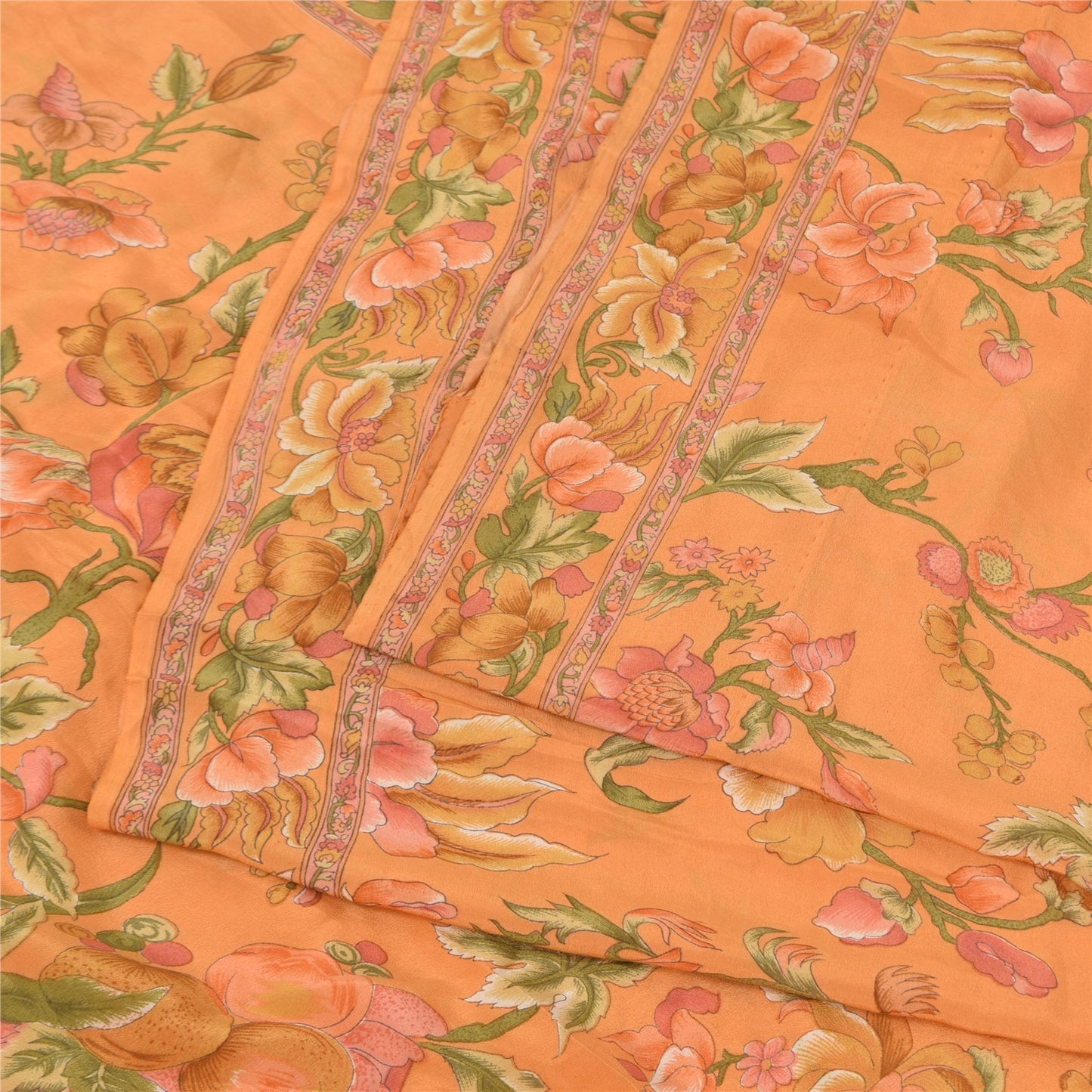 Sanskriti Vintage Sarees Peach Pure Crepe Silk Printed Sari 5+yd Craft Fabric