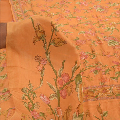 Sanskriti Vintage Sarees Peach Pure Crepe Silk Printed Sari 5+yd Craft Fabric