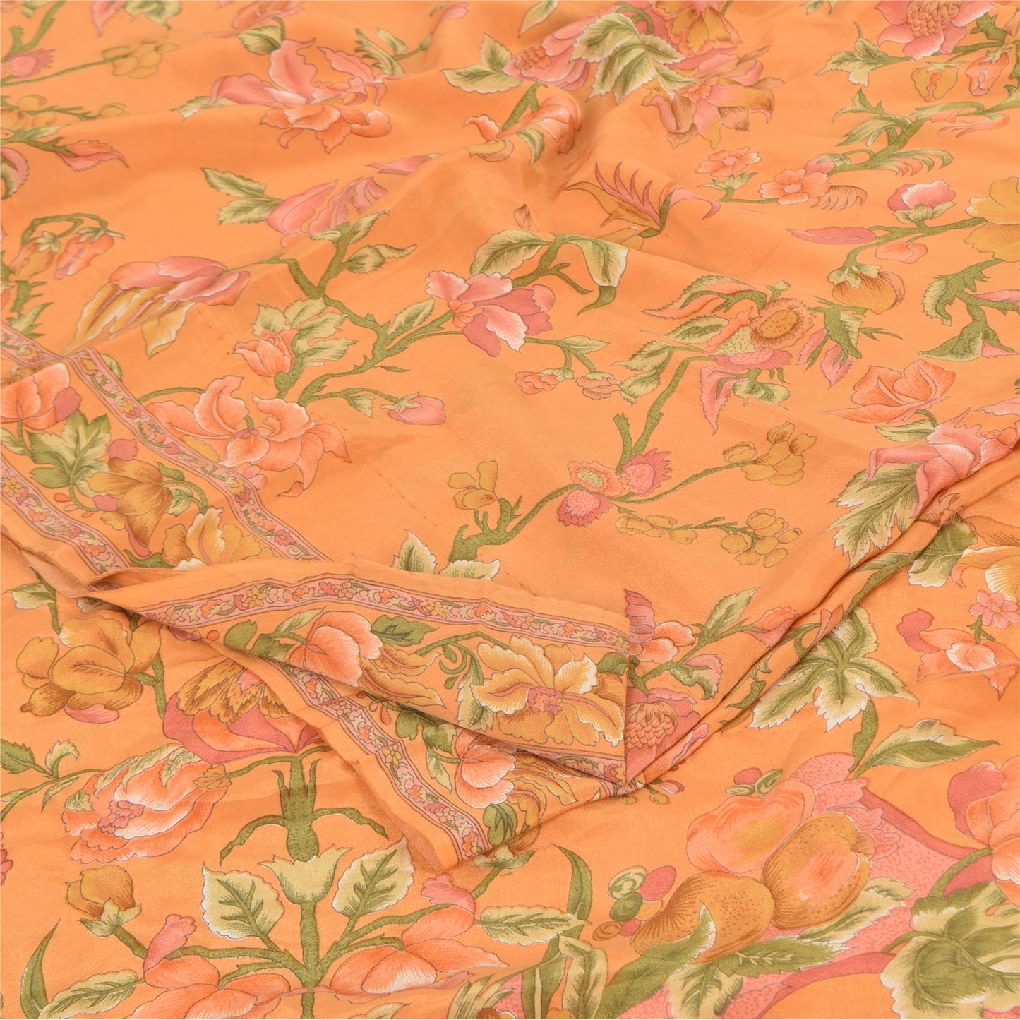 Sanskriti Vintage Sarees Peach Pure Crepe Silk Printed Sari 5+yd Craft Fabric