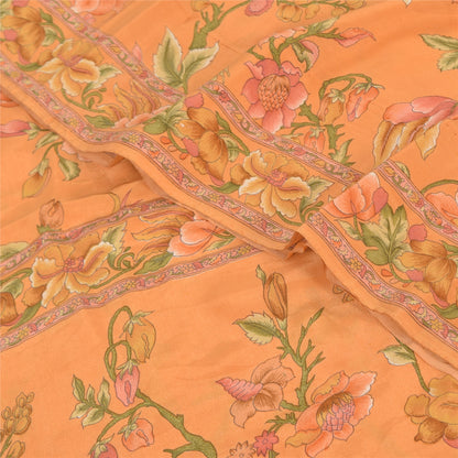 Sanskriti Vintage Sarees Peach Pure Crepe Silk Printed Sari 5+yd Craft Fabric