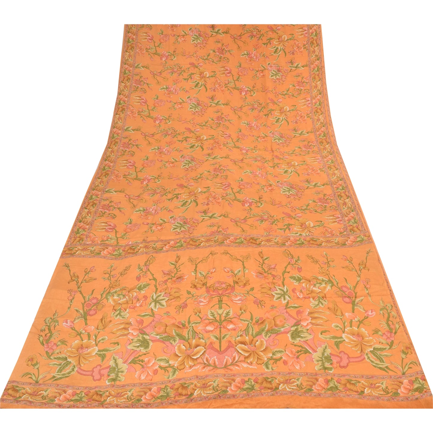 Sanskriti Vintage Sarees Peach Pure Crepe Silk Printed Sari 5+yd Craft Fabric