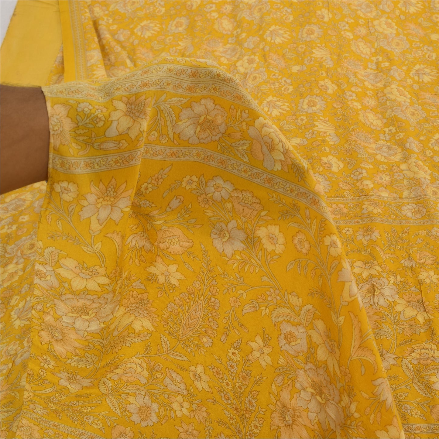 Sanskriti Vintage Sarees Yellow Pure Crepe Silk Printed Sari 5+yd Craft Fabric