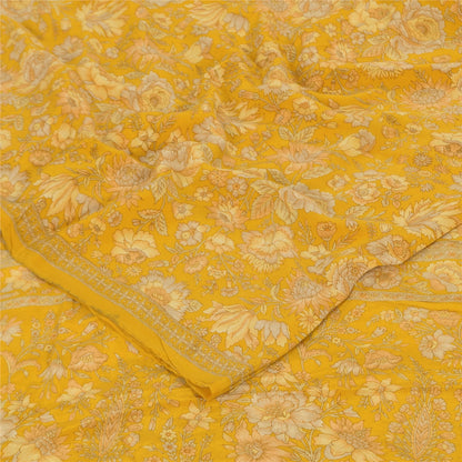 Sanskriti Vintage Sarees Yellow Pure Crepe Silk Printed Sari 5+yd Craft Fabric