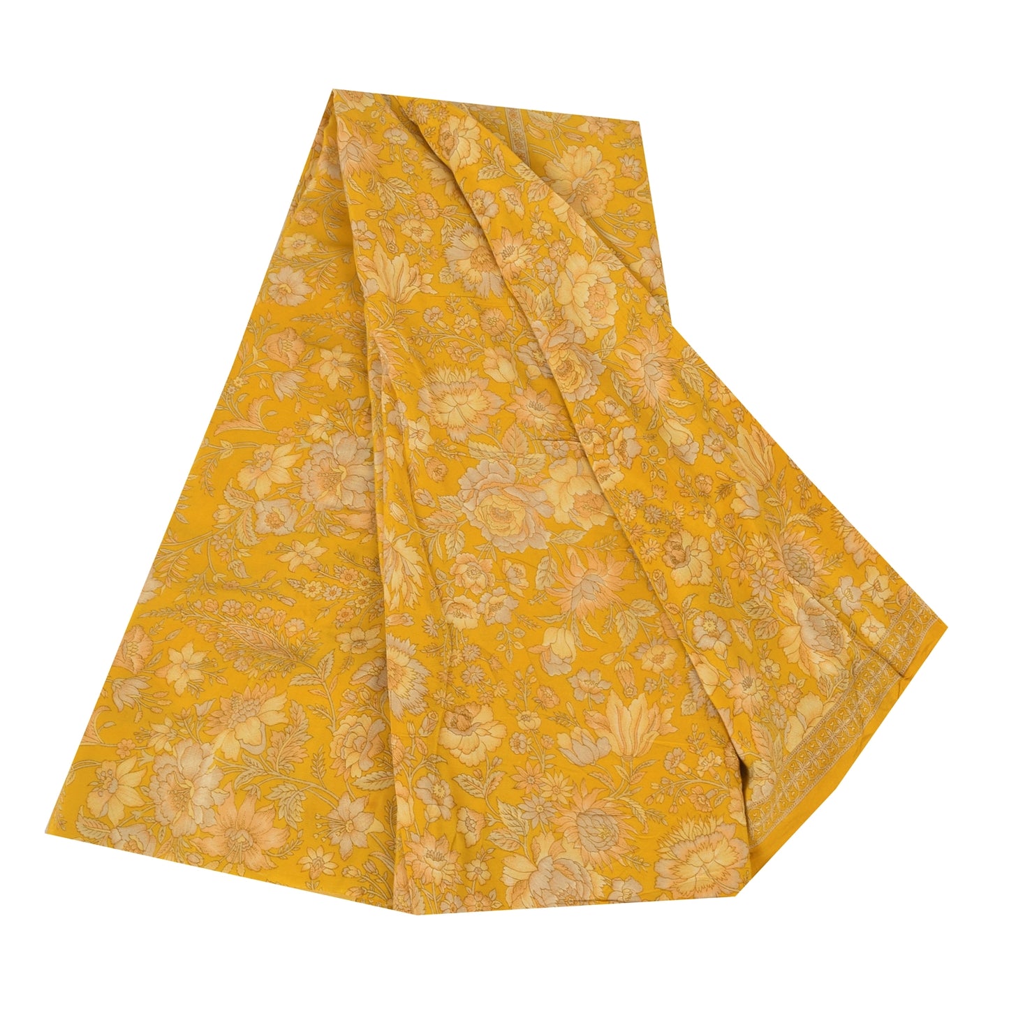 Sanskriti Vintage Sarees Yellow Pure Crepe Silk Printed Sari 5+yd Craft Fabric