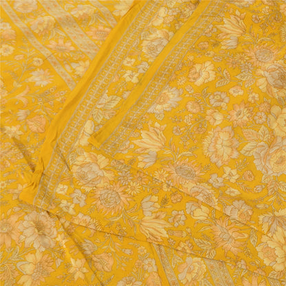 Sanskriti Vintage Sarees Yellow Pure Crepe Silk Printed Sari 5+yd Craft Fabric