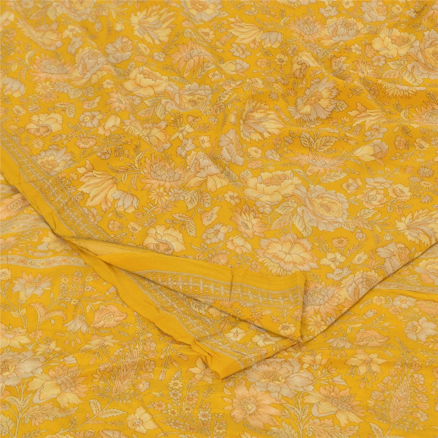 Sanskriti Vintage Sarees Yellow Pure Crepe Silk Printed Sari 5+yd Craft Fabric