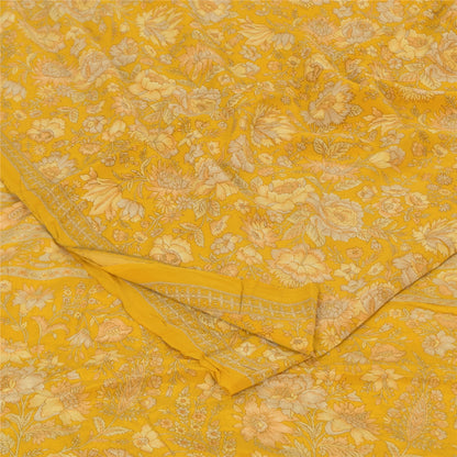 Sanskriti Vintage Sarees Yellow Pure Crepe Silk Printed Sari 5+yd Craft Fabric