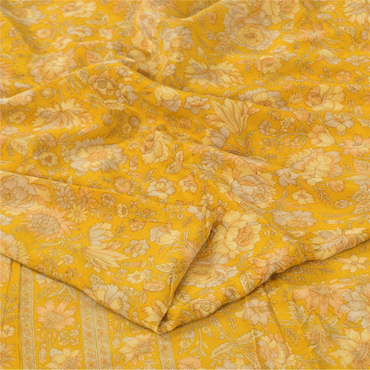 Sanskriti Vintage Sarees Yellow Pure Crepe Silk Printed Sari 5+yd Craft Fabric