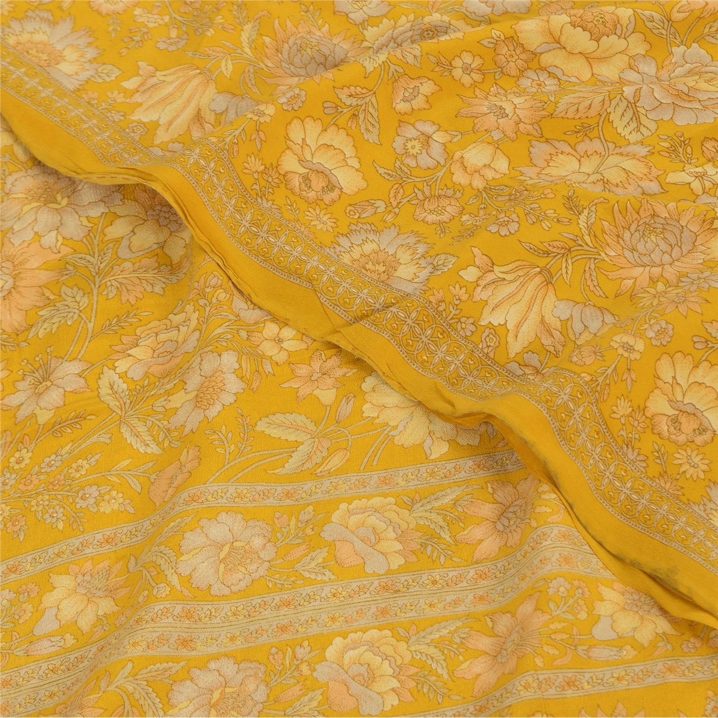 Sanskriti Vintage Sarees Yellow Pure Crepe Silk Printed Sari 5+yd Craft Fabric