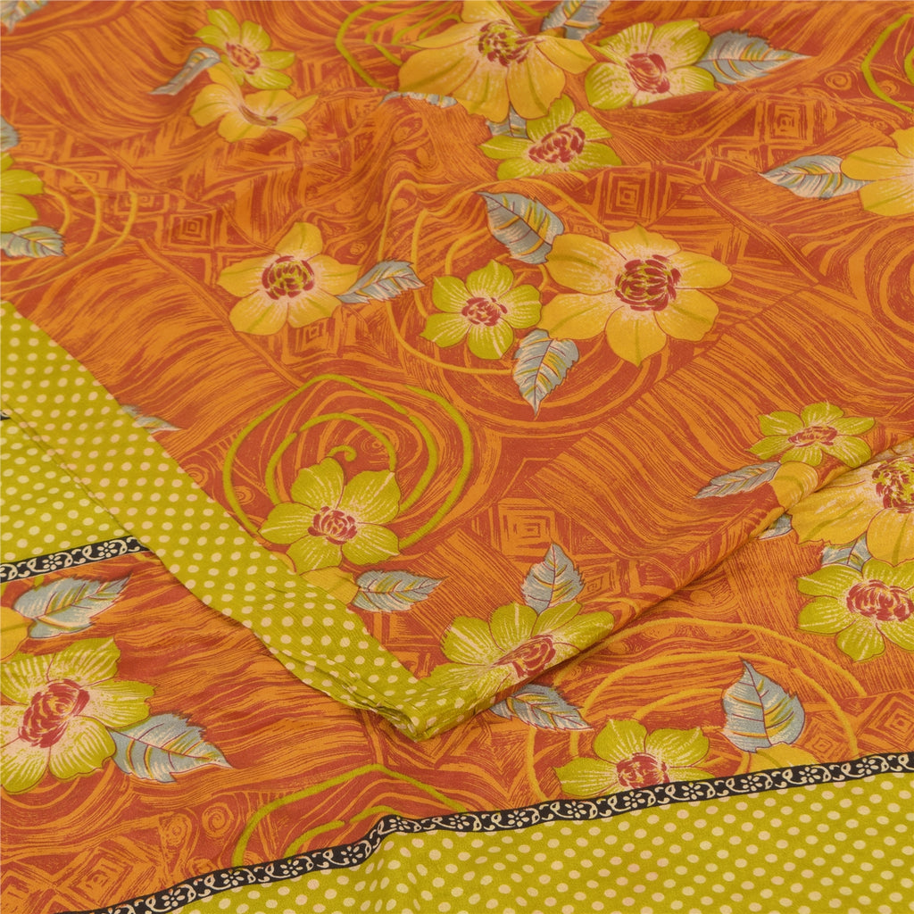 Sanskriti Vintage Sarees Orange Pure Crepe Silk Printed Sari 5+yd Craft Fabric