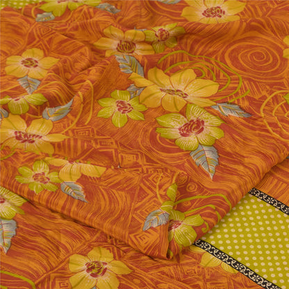 Sanskriti Vintage Sarees Orange Pure Crepe Silk Printed Sari 5+yd Craft Fabric