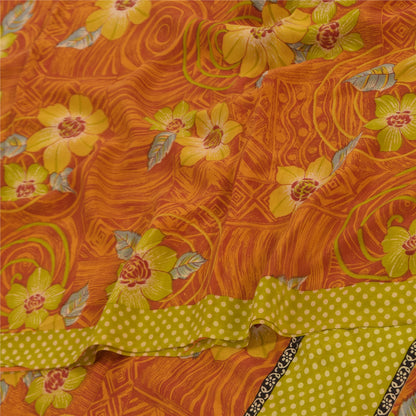 Sanskriti Vintage Sarees Orange Pure Crepe Silk Printed Sari 5+yd Craft Fabric