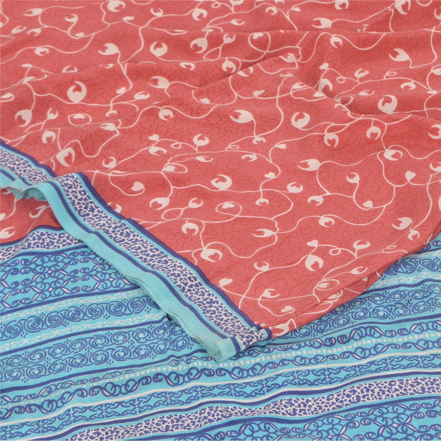 Sanskriti Vintage Sarees Pink/Blue Pure Crepe Silk Print Sari 5+yd Craft Fabric