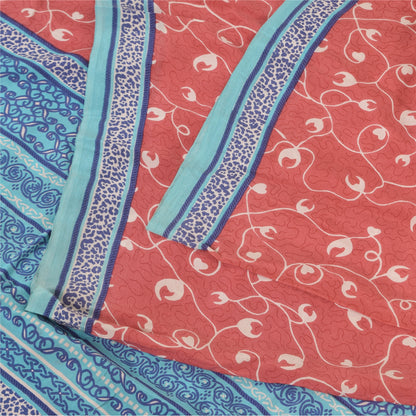 Sanskriti Vintage Sarees Pink/Blue Pure Crepe Silk Print Sari 5+yd Craft Fabric