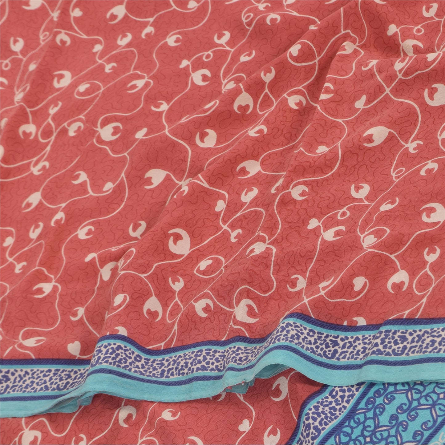 Sanskriti Vintage Sarees Pink/Blue Pure Crepe Silk Print Sari 5+yd Craft Fabric