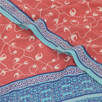 Sanskriti Vintage Sarees Pink/Blue Pure Crepe Silk Print Sari 5+yd Craft Fabric