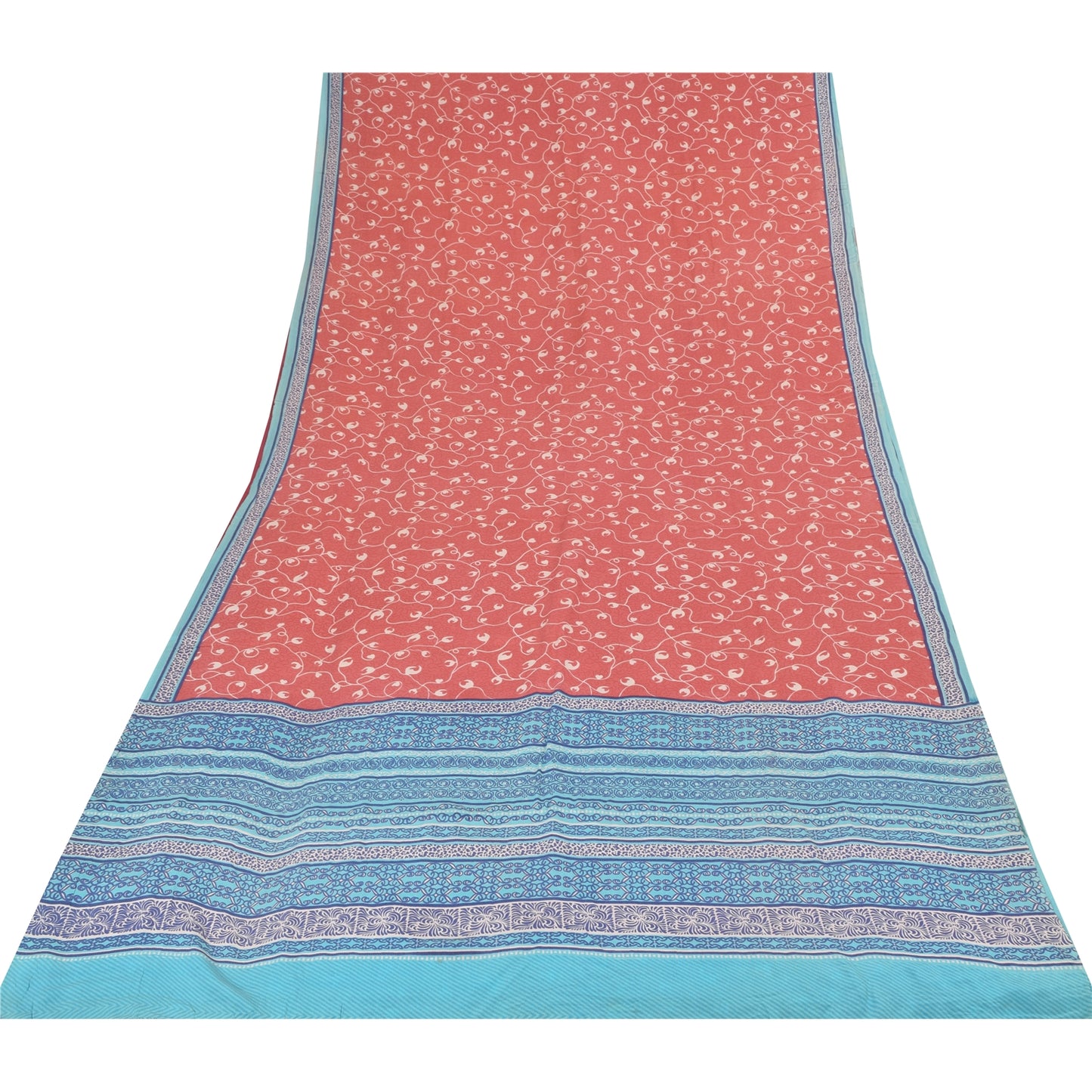 Sanskriti Vintage Sarees Pink/Blue Pure Crepe Silk Print Sari 5+yd Craft Fabric