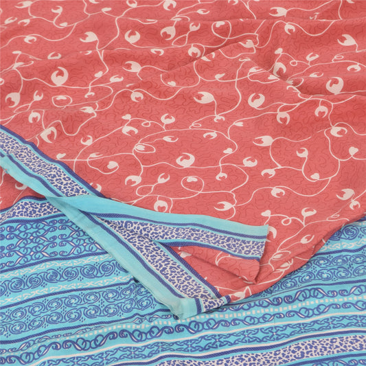 Sanskriti Vintage Sarees Pink/Blue Pure Crepe Silk Print Sari 5+yd Craft Fabric