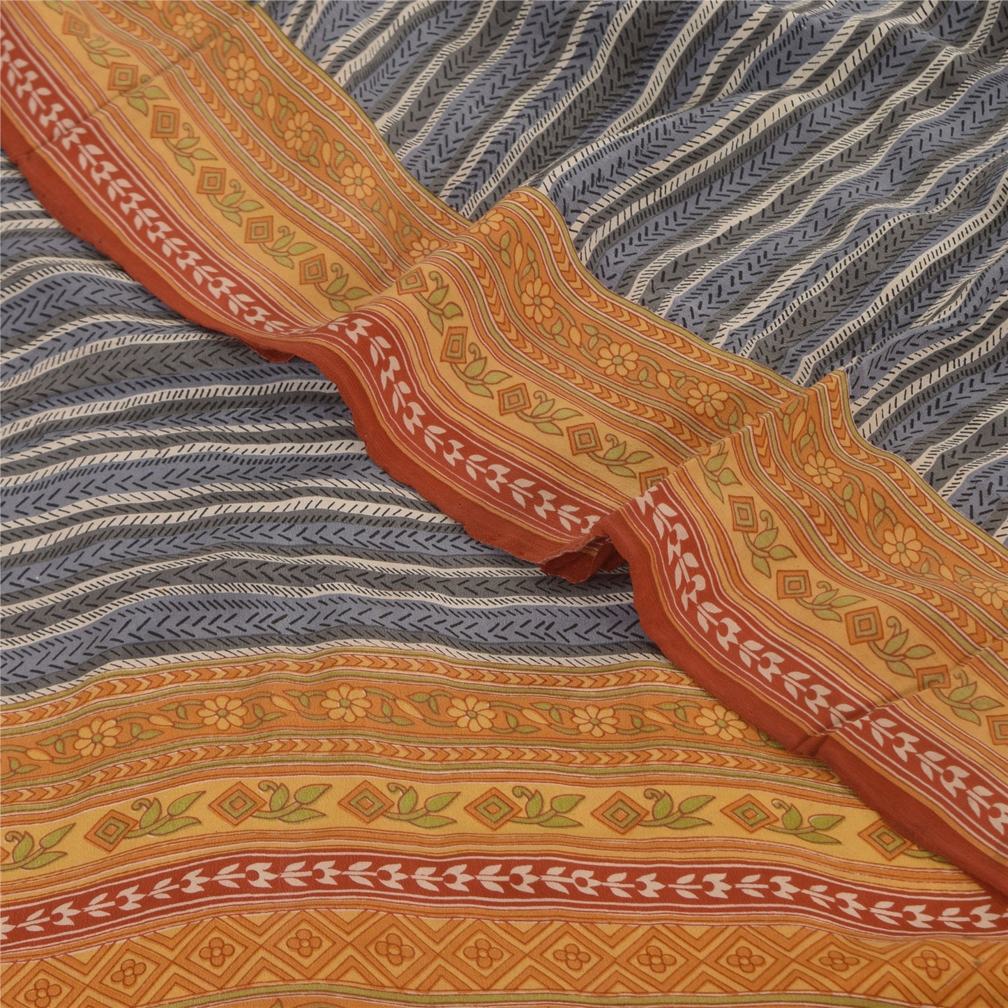 Sanskriti Vintage Sarees Gray/Orange Pure Crepe Printed Sari 5+yd Craft Fabric