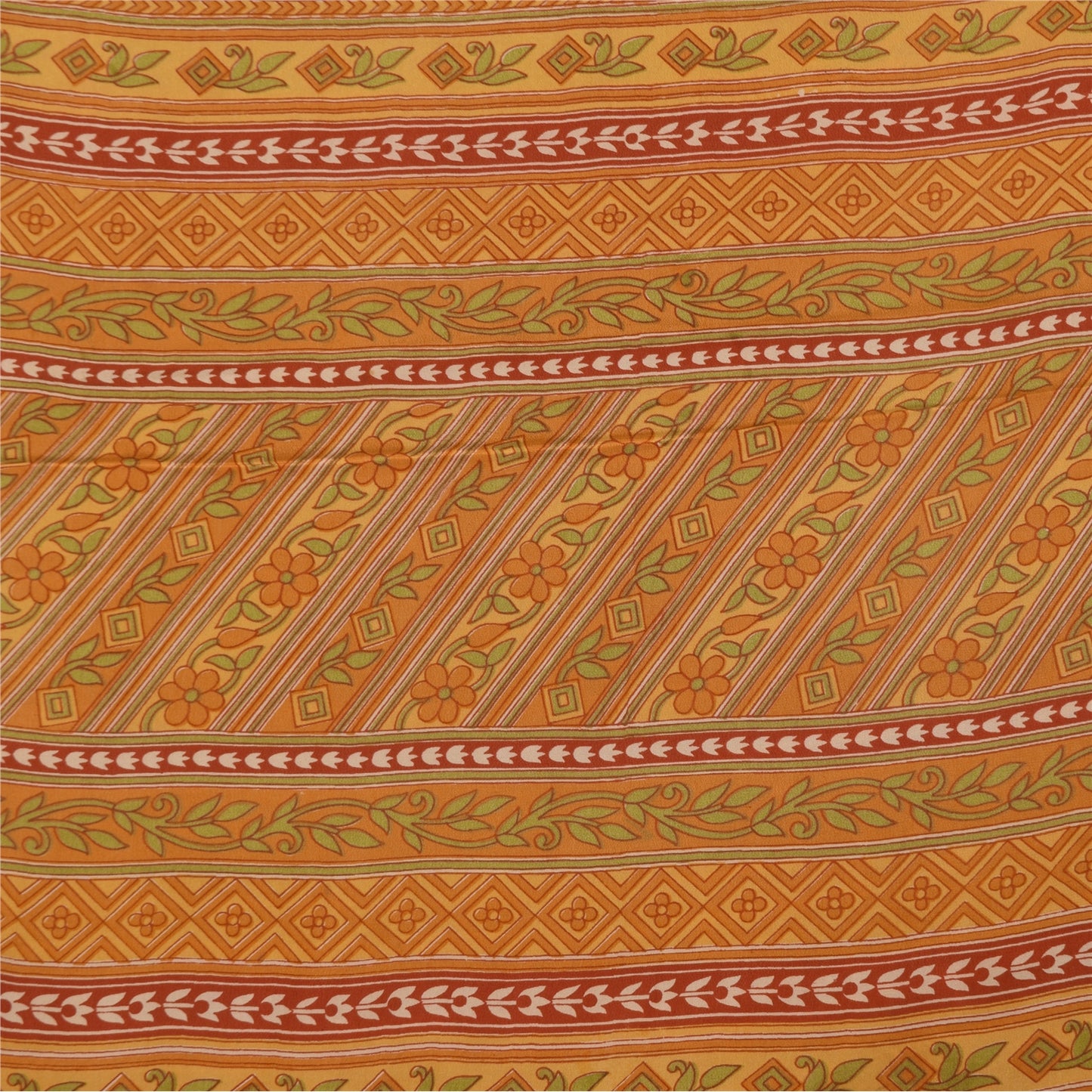 Sanskriti Vintage Sarees Gray/Orange Pure Crepe Printed Sari 5+yd Craft Fabric