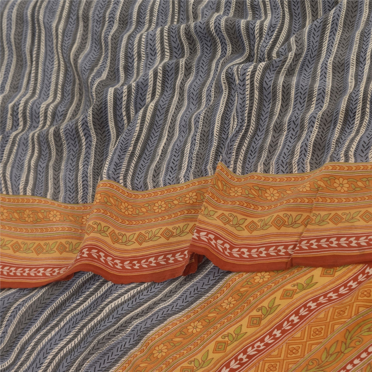 Sanskriti Vintage Sarees Gray/Orange Pure Crepe Printed Sari 5+yd Craft Fabric