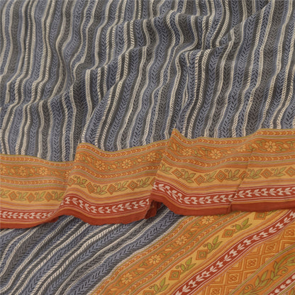 Sanskriti Vintage Sarees Gray/Orange Pure Crepe Printed Sari 5+yd Craft Fabric