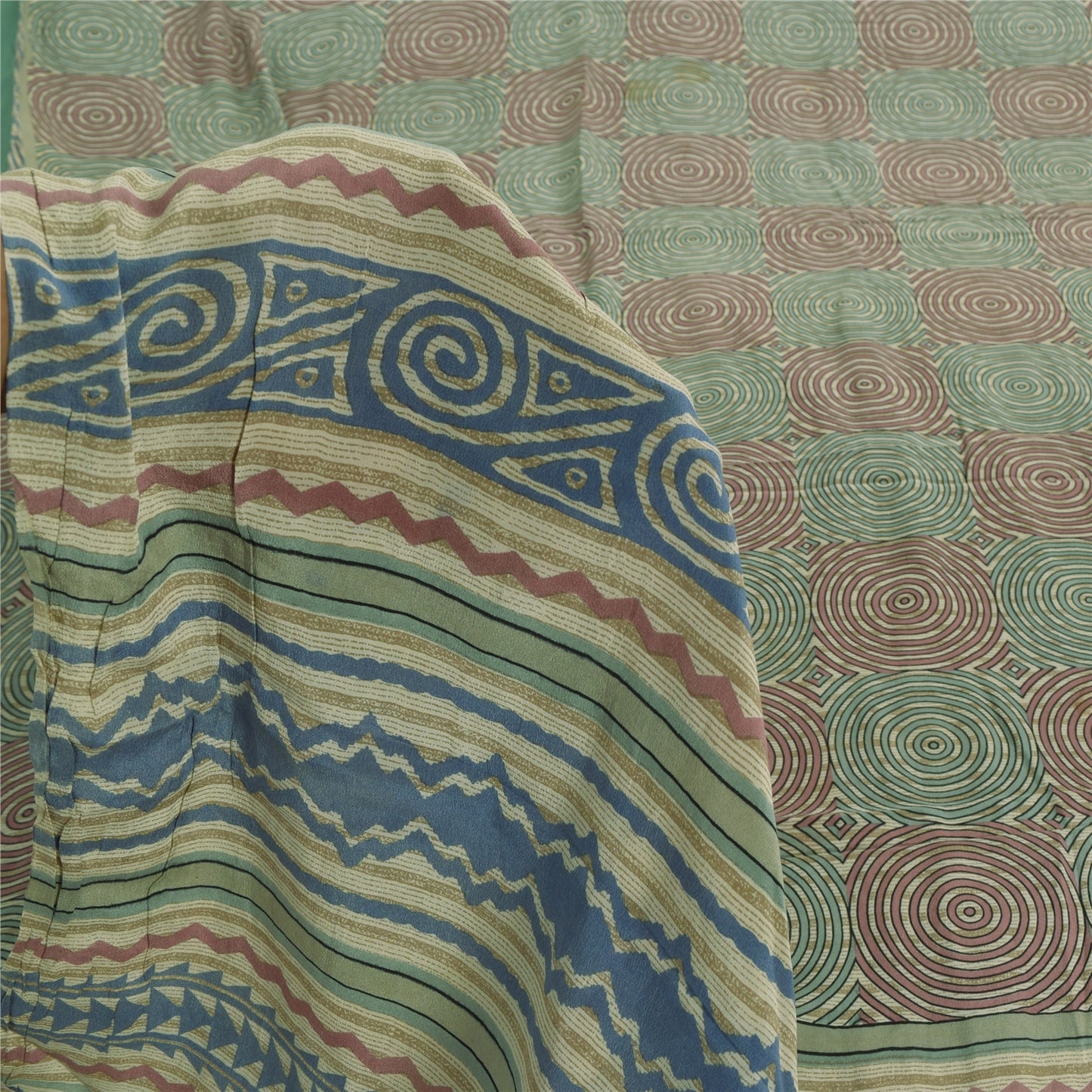 Sanskriti Vintage Sarees Multi Pure Crepe Silk Printed Sari 5+yd Craft Fabric