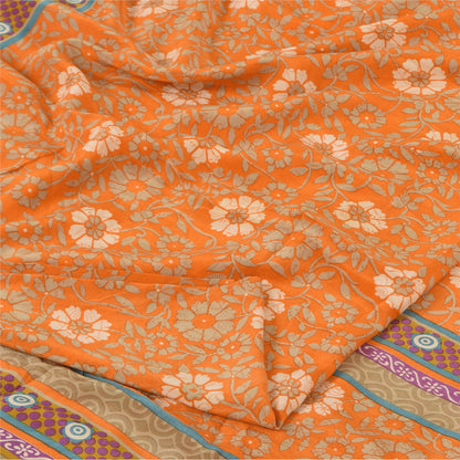 Sanskriti Vintage Sarees Orange Pure Crepe Silk Printed Sari 5+yd Craft Fabric