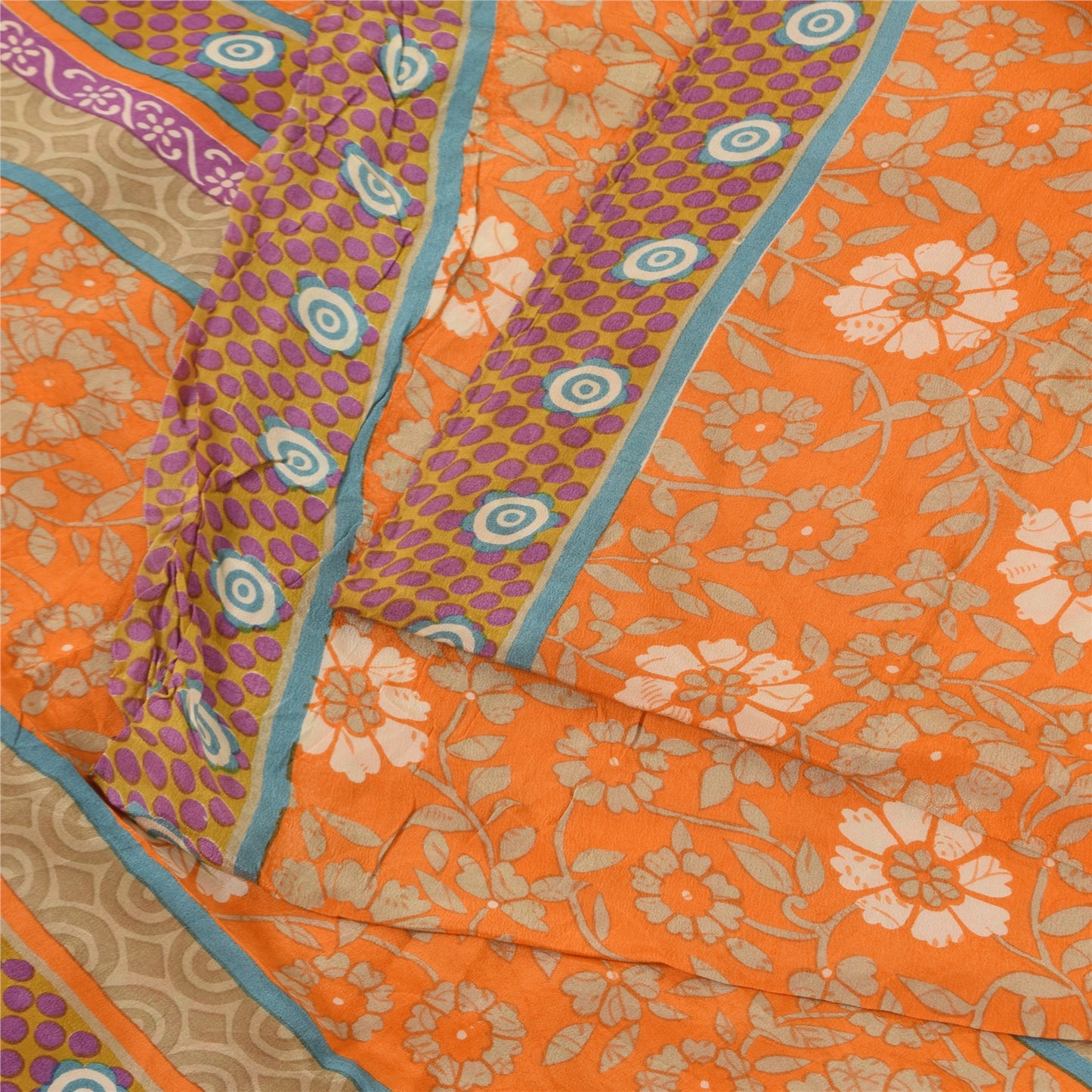 Sanskriti Vintage Sarees Orange Pure Crepe Silk Printed Sari 5+yd Craft Fabric