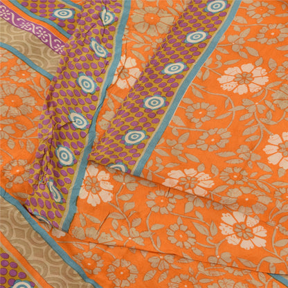 Sanskriti Vintage Sarees Orange Pure Crepe Silk Printed Sari 5+yd Craft Fabric